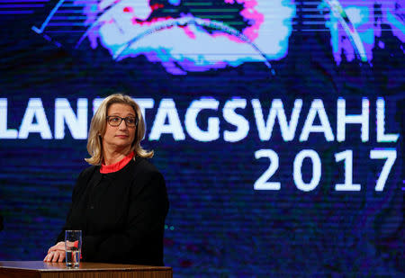 Anke Rehlinger, top candidate of the Social Democratic Party (SPD) in a TV studio after first exit polls of the Saarland state elections in Saarbruecken, Germany, March 26, 2017. REUTERS/Ralph Orlowski