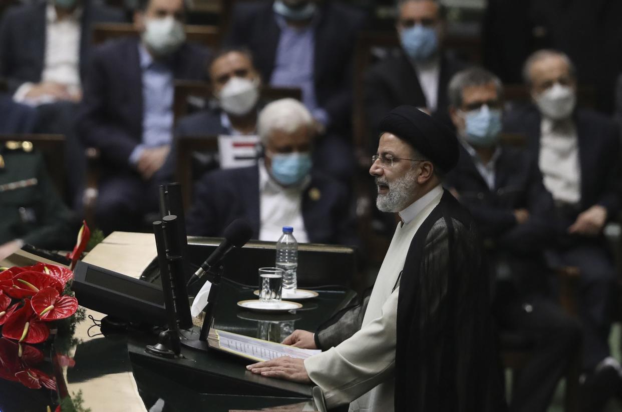 President Ebrahim Raisi delivers a speech after taking his oath as president in a ceremony at the parliament in Tehran on Thursday.