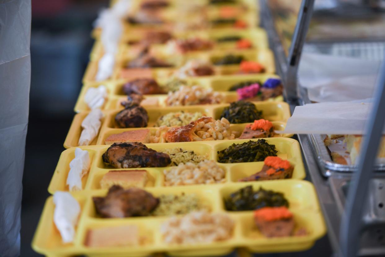 Food sits ready to eat during the second annual MLK Day of Service at The Master's Table on Monday, Jan. 15, 2024. Golden Harvest Food Bank prepared to serve about 300 lunches, in addition to medical screenings by Augusta University students, and showers through Project Refresh.