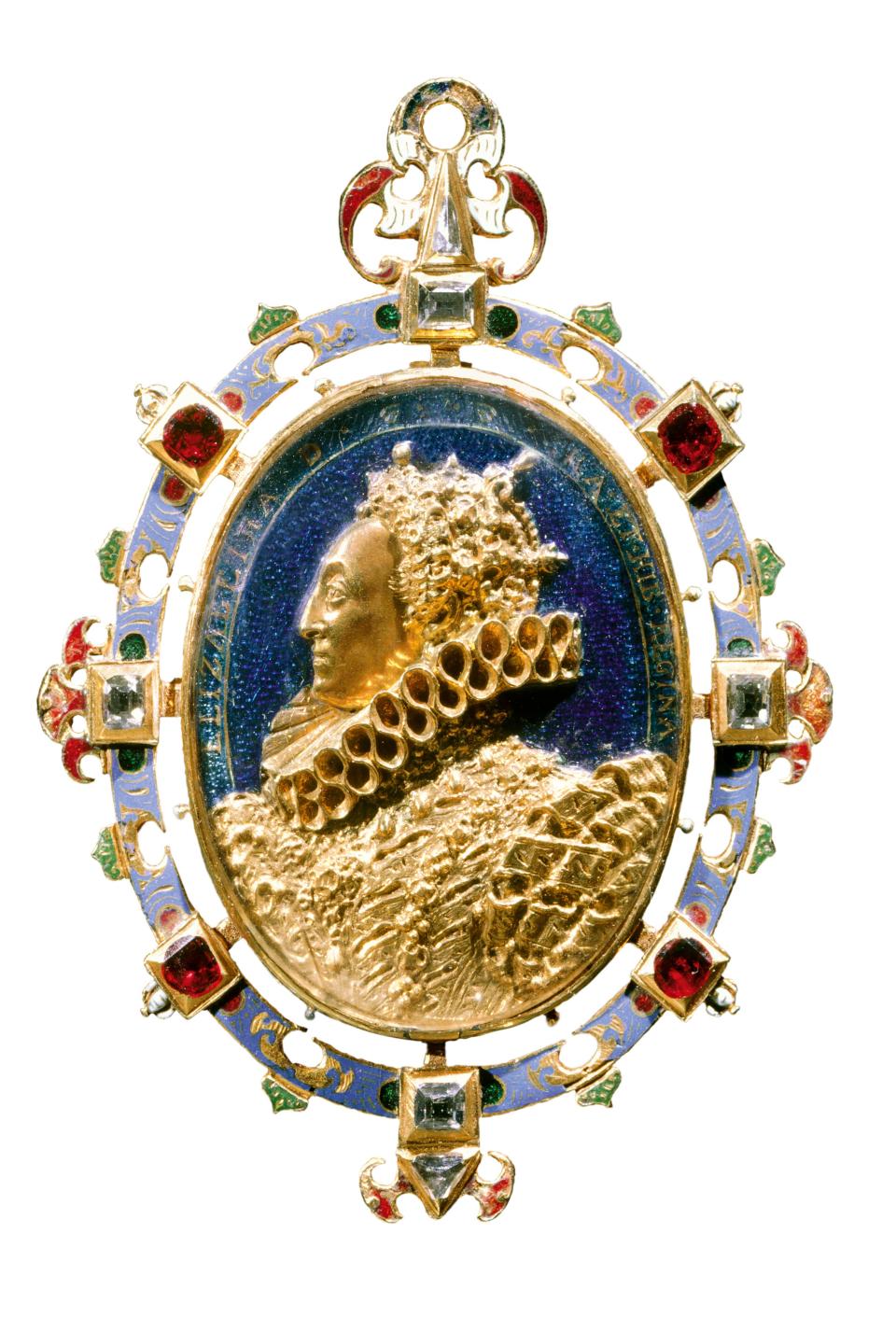 The Heneage Jewel
Portrait of Elizabeth I, Queen of England
England, c. 1595–1600
Enamelled gold, table-cut diamonds, rubies, rock crystal
7 × 5.1 cm
Victoria and Albert Museum, M.81-1935
Given by the Rt. Hon. Viscount Wakefield CBE through The Art Fund
