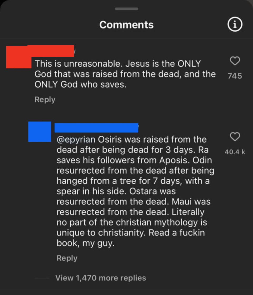 A commenter claiming Jesus is the only deity to raise from the dead and save others, with another commenter pointing out the many examples of gods who resurrected and saved souls