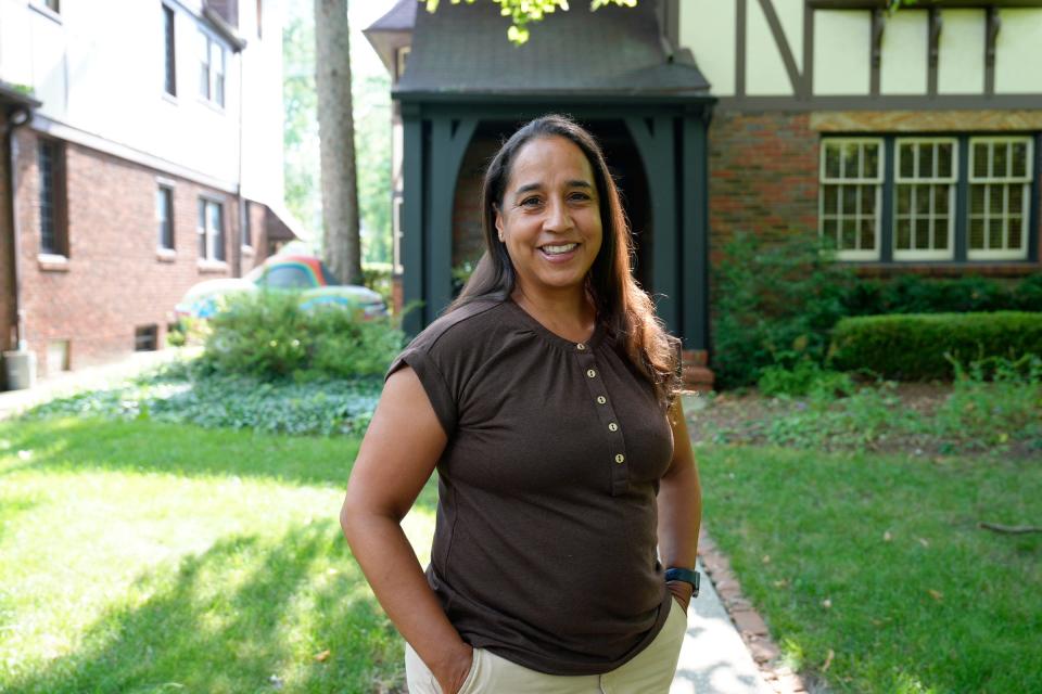 Dara Hill is an education researcher and parent, living with her family in Indian Village in Detroit, Tuesday, July 23, 2024. In the 1980s, Hill was a student in magnet schools in Detroit, following failed desegregation efforts. As a parent, Hill leads a school-choice study based in Detroit called “The Best Classroom Project” in which she led parents through school tours, etc. to ultimately choose a school for their child. Her daughter Norah attends University Liggett.