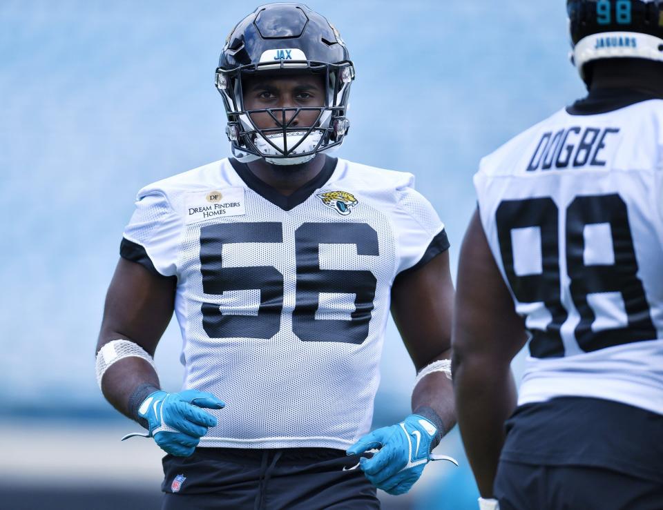 Jacksonville Jaguars linebacker Yasir Abdullah (56) on the field during Monday morning's offseason camp session. Rookies and veterans gathered at TIAA Bank Field Monday, May 22, 2023 for the start of the Jacksonville Jaguars offseason camp. [Bob Self/Florida Times-Union]