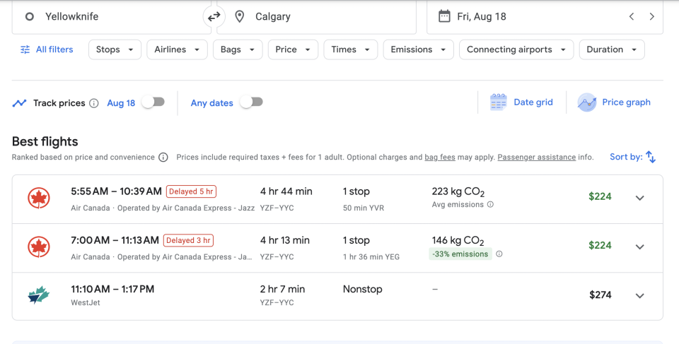 Air Canada and Westjet flight pricing as of 5:15 p.m. ET on Thursday