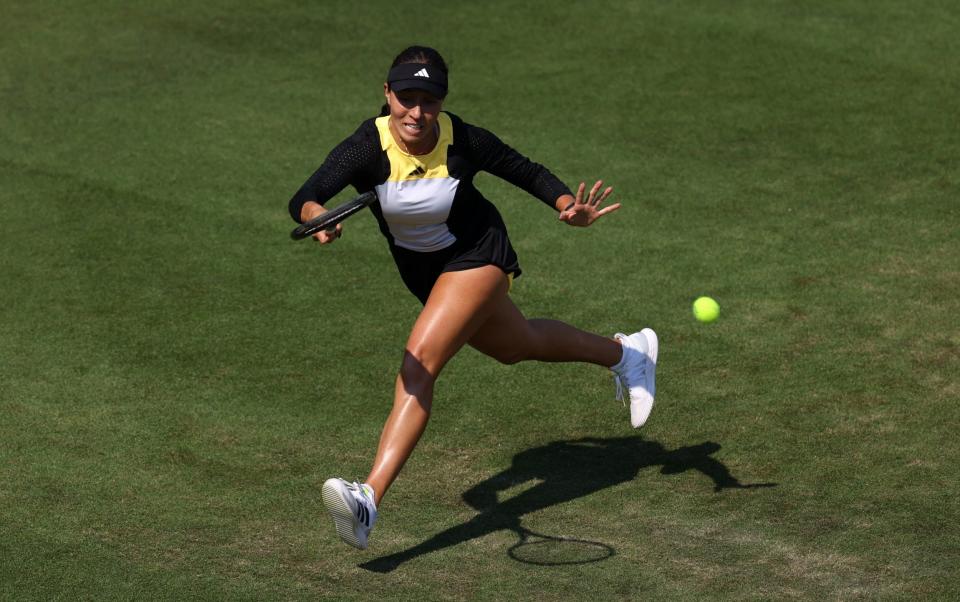 Jessica Pegula of United States plays a forehand against Emma Raducanu of Great Britain during the Women's Singles Round of 16 match on Day Five of the Rothesay International Eastbourne at Devonshire Park on June 26, 2024 in Eastbourne, England