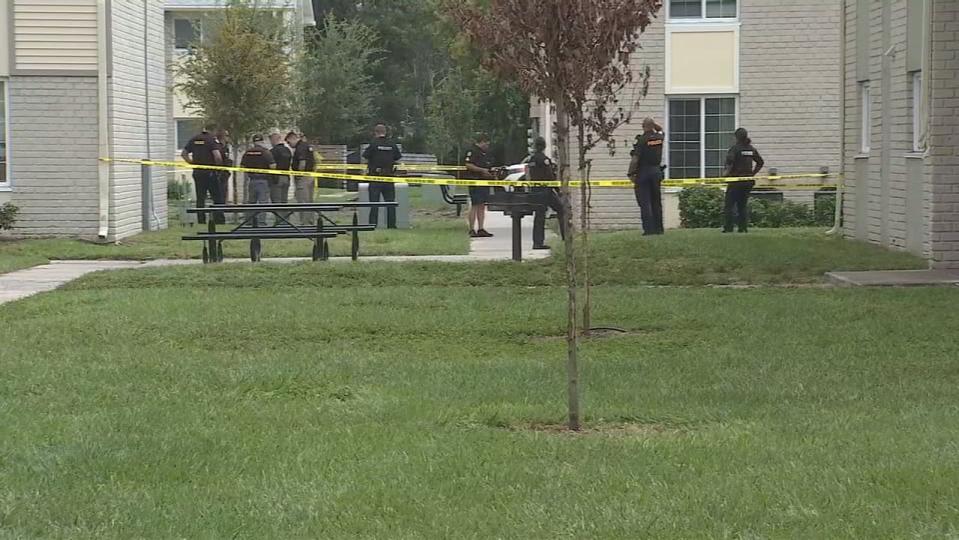 There is a large police presence at an apartment complex on Mercy Drive in Orlando on Friday afternoon.