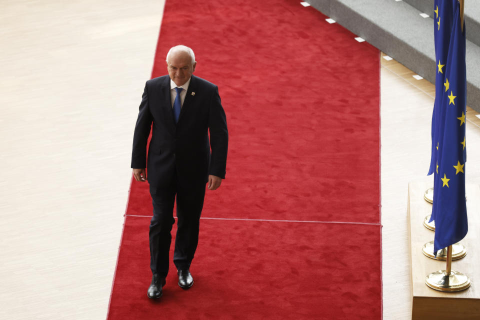 Bulgaria's Prime Minister Dimitar Glavchev arrives for an EU summit in Brussels, Thursday, June 27, 2024. European Union leaders are expected on Thursday to discuss the next EU top jobs, as well as the situation in the Middle East and Ukraine, security and defence and EU competitiveness. (AP Photo/Omar Havana)