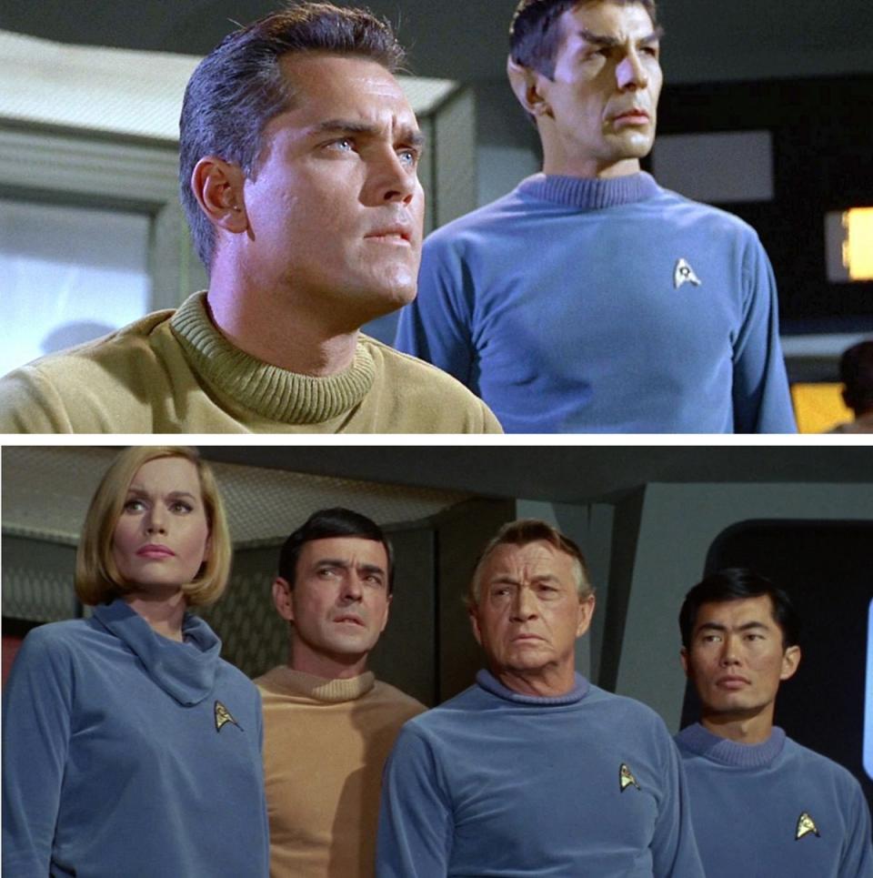 The original Starfleet uniforms, as seen on the first two 1960s Star Trek pilot episodes.