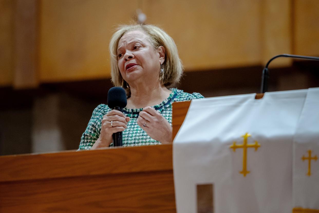 Charlotte Mayor Vi Lyles speaks during an interfaith vigil at Little Rock AME Zion Church in Charlotte, April 30, 2024. Local leaders and clergy led prayers of peace and healing after four officers were killed in the line of duty on April 29.