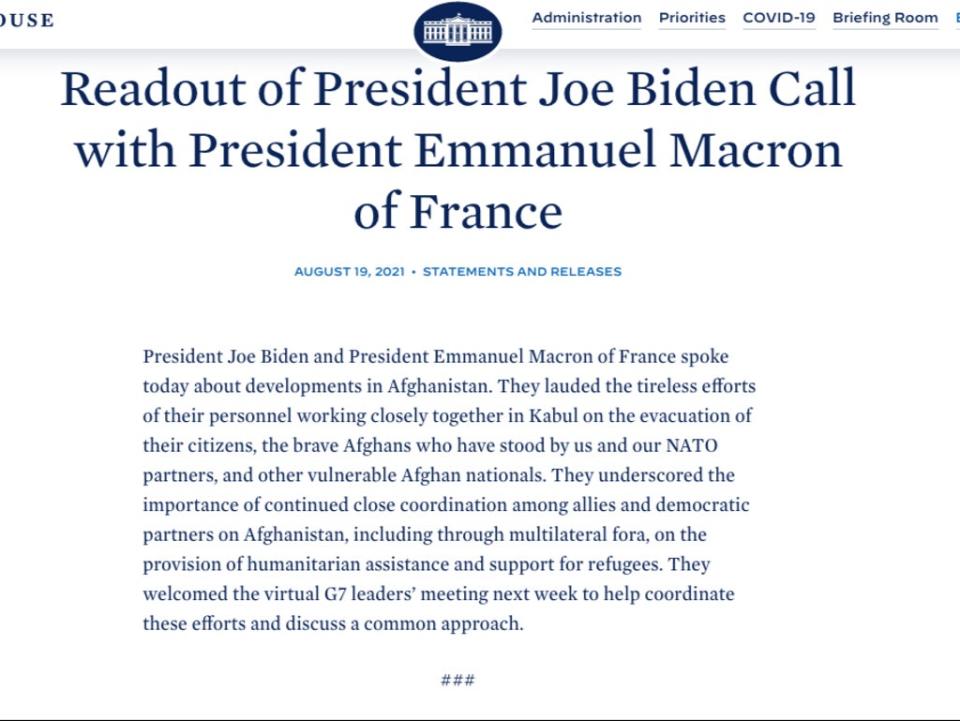 Readout of President Joe Biden’s call with French President Emmanuel Macron on crisis in Afghanistan. (The White House)