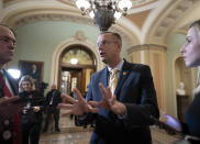 Rep. Doug Collins, R-Georgia, the ranking member of the House Judiciary Committee, speaks to reporters outside the Senate as defense arguments by the Republicans resume in the impeachment trial of President Donald Trump on charges of abuse of power and obstruction of Congress, at the Capitol in Washington, Monday, Jan. 27, 2020. (AP Photo/J. Scott Applewhite)