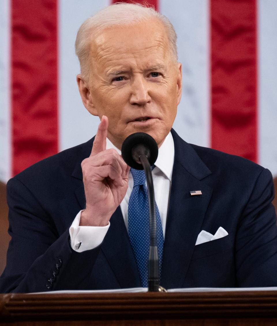 President Joe Biden delivers the State of the Union address to a joint session of Congress in the U.S. Capitol House Chamber March 1, 2022  in Washington, D.C. In his first State of the Union address, Biden spoke on his administration's efforts to lead a global response to the Russian invasion of Ukraine, work to curb inflation, and bring the country out of the COVID-19 pandemic.