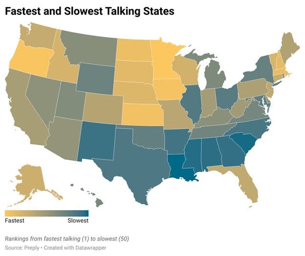 Map of fastest and slowest talking states, according to a new study by Preply.