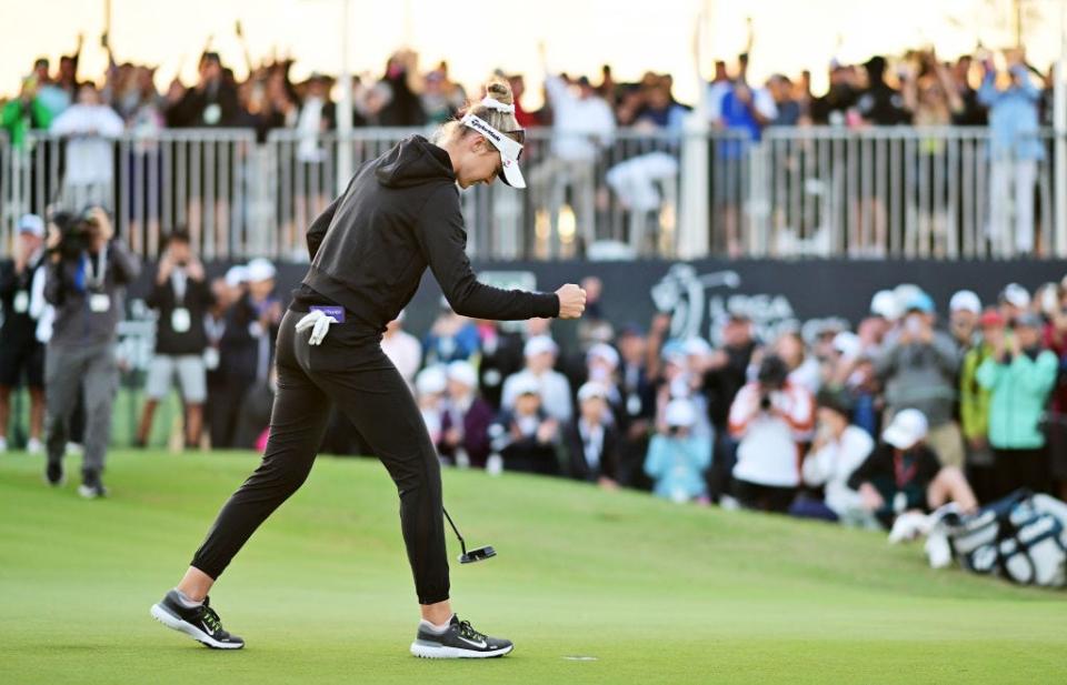 Nelly Korda celebrates after a victory on the second play-off hole during the final round of the LPGA Drive On Championship at Bradenton Country Club on Jan. 28, 2024 in Bradenton.