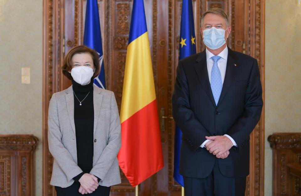 France&#x002019;s armed forces minister Florence Parly (left) is welcomed by Romanian president Klaus Iohannis (right) in Bucharest (EPA)