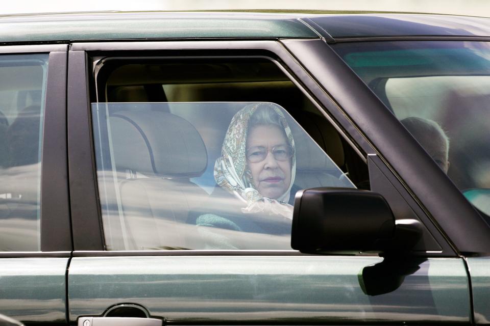 Her Majesty The Queen arrives at Windsor Horse show in her Range Rover to watch her husband, HRH Prince Phillip,  compete in the carriage driving competition on the second day of the Royal Windsor Horse Show on May 13, 2005 in Windsor, England.