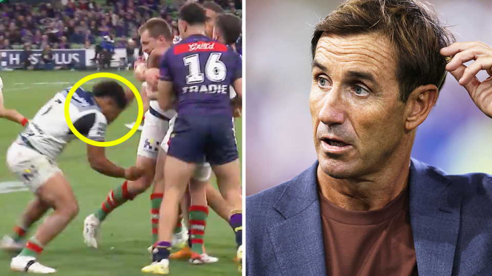 Taane Milne tackles Cameron Munster and NRL legend Andrew Johns reacts.