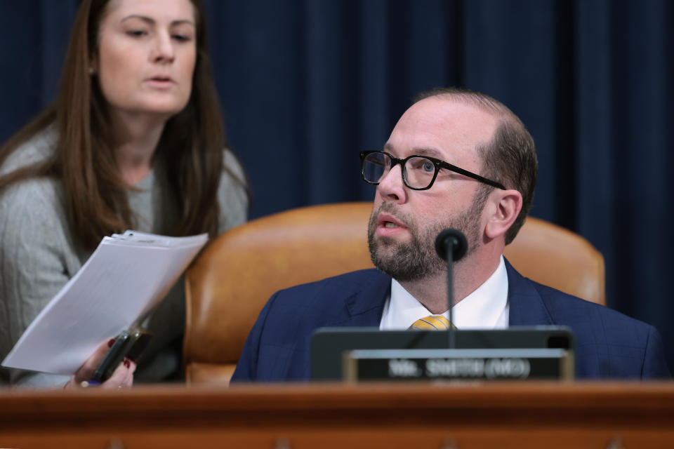 WASHINGTON, DC - DECEMBER 05: House Ways and Means Committee Chairman Jason Smith (R-MO) presides over a hearing in the Longworth House Office Building on December 5, 2023 in Washington, DC. The Ways and Means Committee is hearing testimony from Internal Revenue whistleblowers Service Supervisory Special Agent Gary Shapley and IRS Criminal Investigator Joseph Ziegler, who both claim they were blocked from pursuing leads that would lead to more serious charges during their five-year investigation into Hunter Biden, President Joe Biden's son. (Photo by Win McNamee/Getty Images)