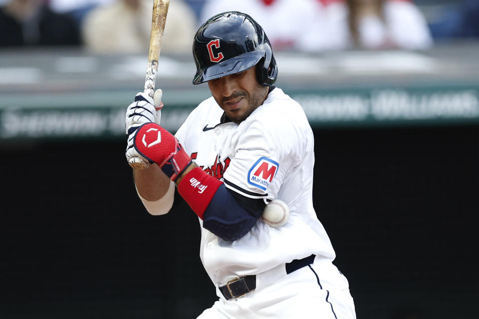 Cleveland Guardians' Ramón Laureano is hit by a pitch from Chicago White Sox pitcher Michael Soroka during the fourth inning of a baseball game, Tuesday, April 9, 2024, in Cleveland. (AP Photo/Ron Schwane)