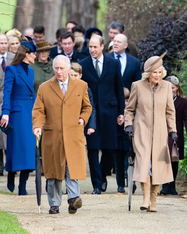 <p>Samir Hussein/WireImage</p> Kate Middleton, King Charles, Prince George, Prince William, Prince Louis, Mia Tindall, Queen Camilla and other members of the royal family attend church at St. Mary Magdalene at Sandringham on Dec. 25, 2023.