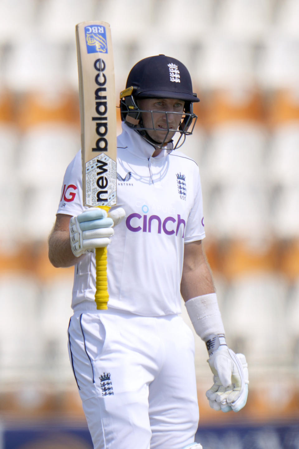 England's Joe Root celebrates after scoring fifty during the third day of the first test cricket match between Pakistan and England, in Multan, Pakistan, Wednesday, Oct. 9, 2024. (AP Photo/Anjum Naveed)