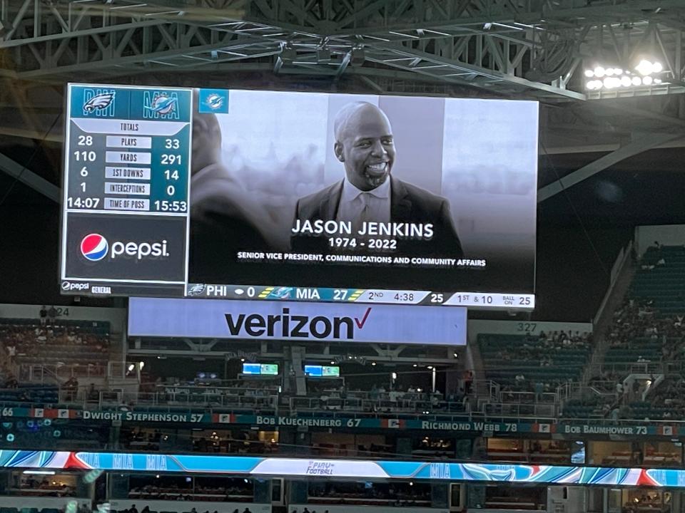 The Dolphins paid tribute to Jason Jenkins at halftime of Saturday's game.