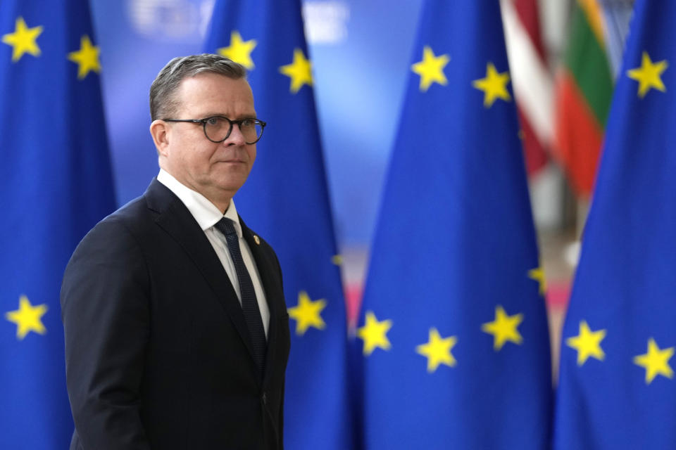 Finland's Prime Minister Petteri Orpo arrives for an EU summit in Brussels, Wednesday, April 17, 2024. European leaders' discussions at a summit in Brussels were set to focus on the bloc's competitiveness in the face of increased competition from the United States and China. Tensions in the Middle East and the ongoing war between Russia and Ukraine decided otherwise and the 27 leaders will dedicate Wednesday evening talks to foreign affairs. (AP Photo/Virginia Mayo)