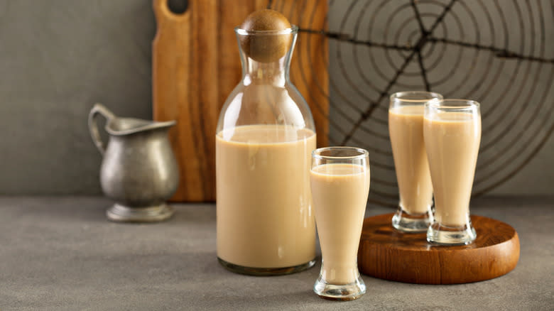 Carafe and glasses of irish cream