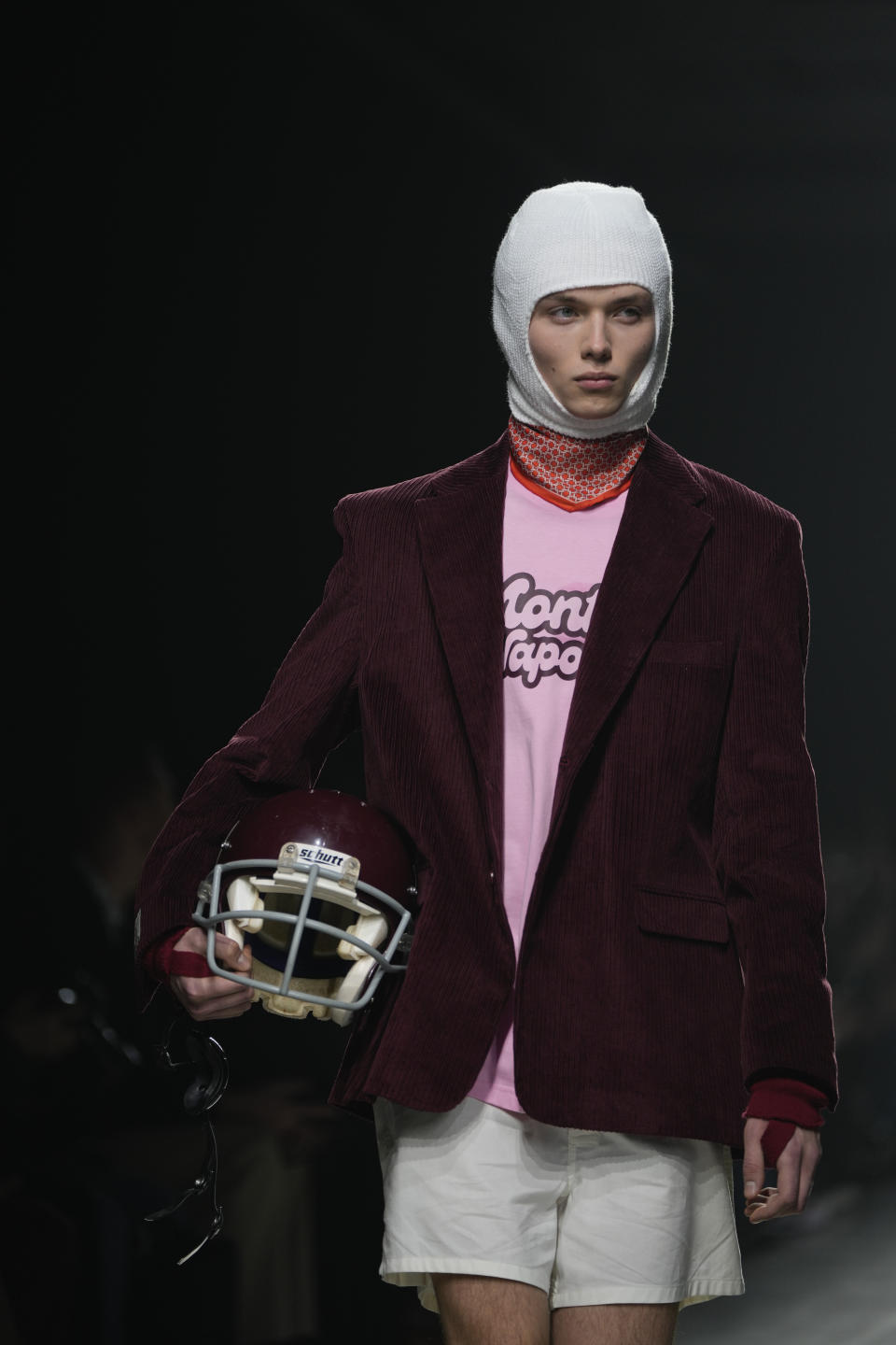 A model wears a creation as part of the Family First menswear Fall-Winter 2023-24 collection presented in Milan, Italy, Friday, Jan. 13, 2023. (AP Photo/Luca Bruno)