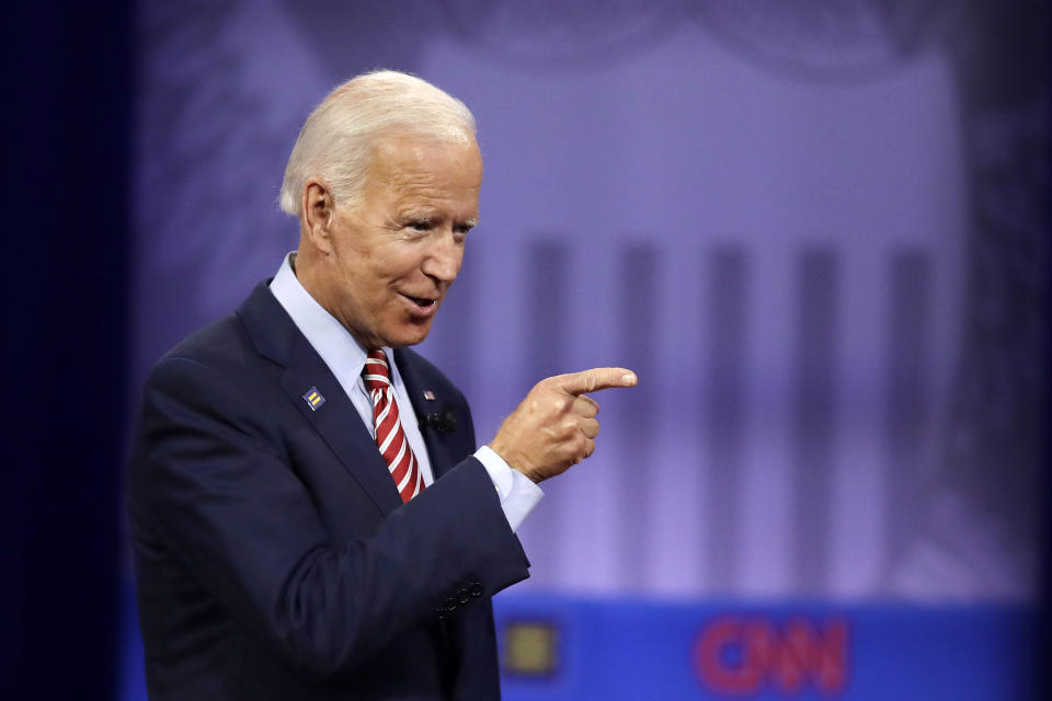 Democratic presidential candidate former Vice President Joe Biden speaks during the Power of our Pride Town Hall Thursday, Oct. 10, 2019, in Los Angeles. The LGBTQ-focused town hall featured nine 2020 Democratic presidential candidates. (AP Photo/Marcio Jose Sanchez)