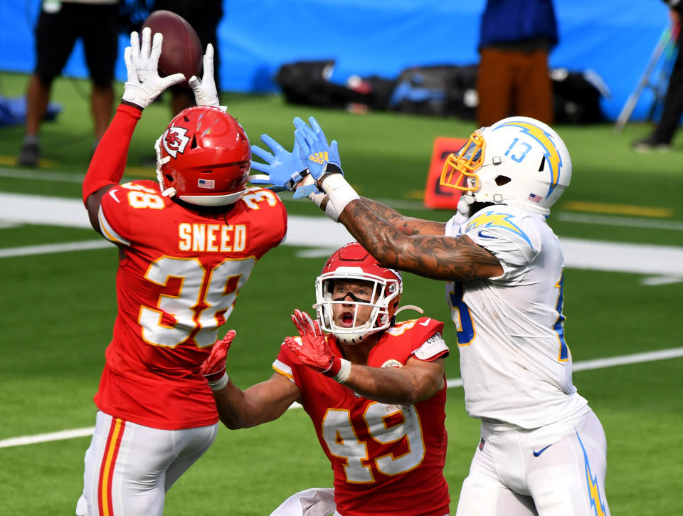 Chiefs cornerback L'Jarius Sneed recorded his second interception in as many weeks in Week 2 against the Los Angeles Chargers. (Photo by Keith Birmingham/MediaNews Group/Pasadena Star-News via Getty Images)