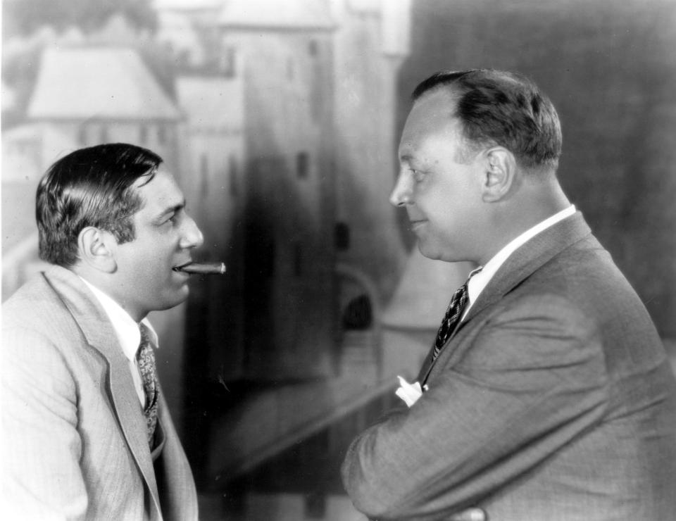 circa 1928:  German director Ernst Lubitsch (1892 - 1947) meeting distinguished German actor Emil Jannings (1882 - 1950). The two men cooperated on the Famous Players production 'The Patriot' amongst others.  (Photo by Eugene Robert Richee/Hulton Archive/Getty Images)