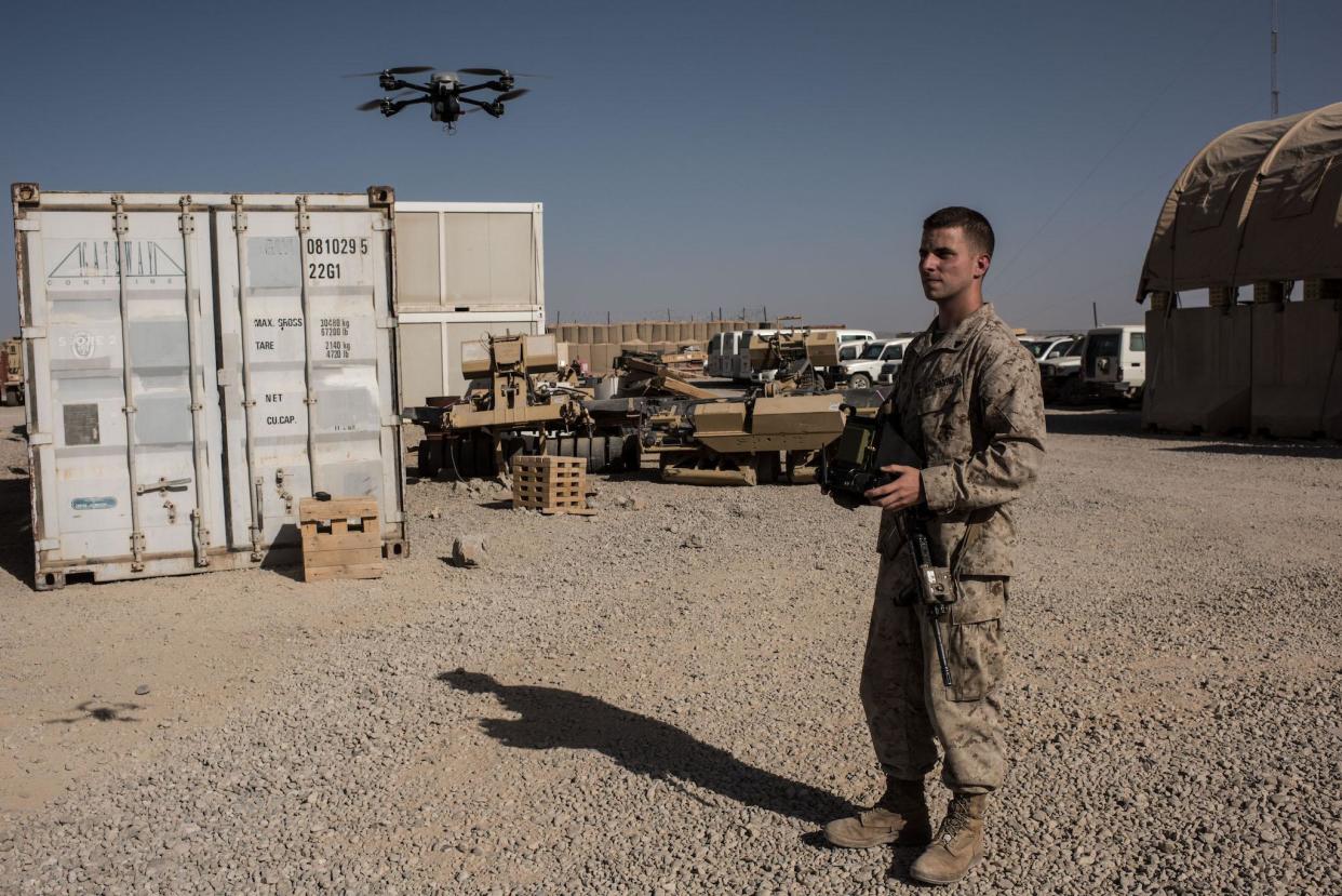US Marine Corporal Isaac Brown, from Virginia, operates a surveillance drone which provides base security on September 10, 2017 at Camp Shorab in Helmand Province, Afghanistan: Getty Images