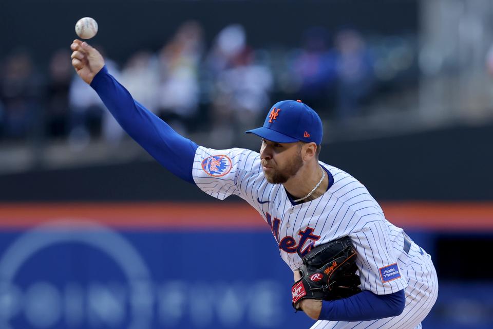 New York Mets starting pitcher Tylor Megill (38) pitches against the Atlanta Braves during the third inning on May 1, 2023, at Citi Field.