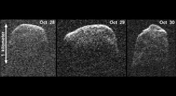 This composite image of asteroid 2007 PA8 was obtained using data taken by NASA's 230-foot-wide (70-meter) Deep Space Network antenna at Goldstone, Calif. The composite incorporates images generated from data collected at Goldstone on Oct. 28,