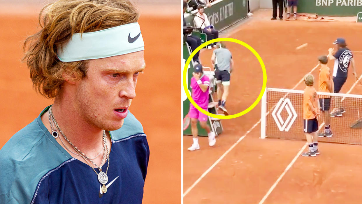 Andrey Rublev, pictured here almost wiping out a groundsman at the French Open.