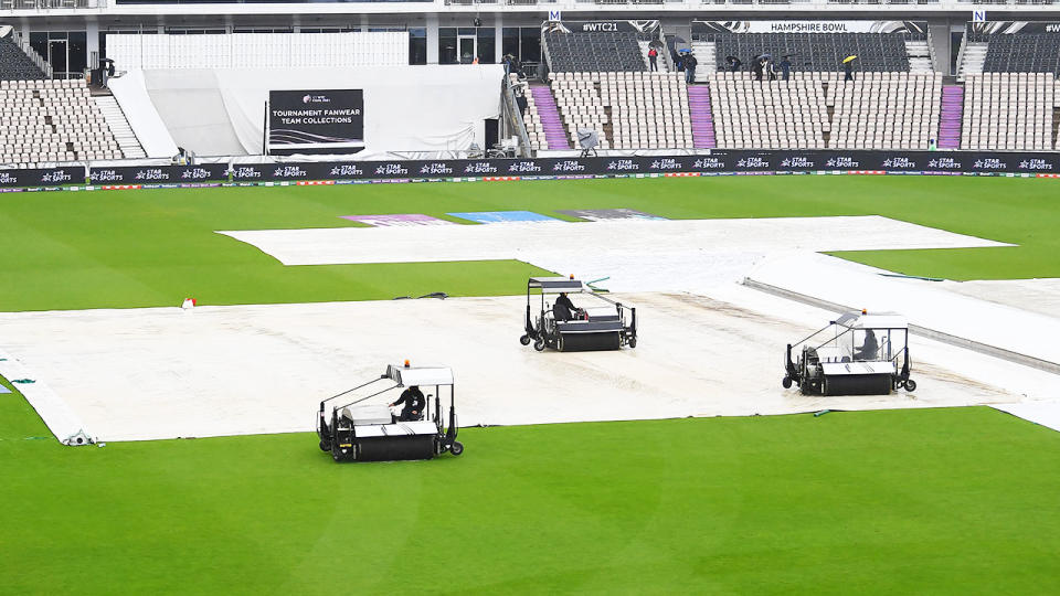 Groundstaff, pictured here working on the covers on day four of the ICC World Test Championship final.