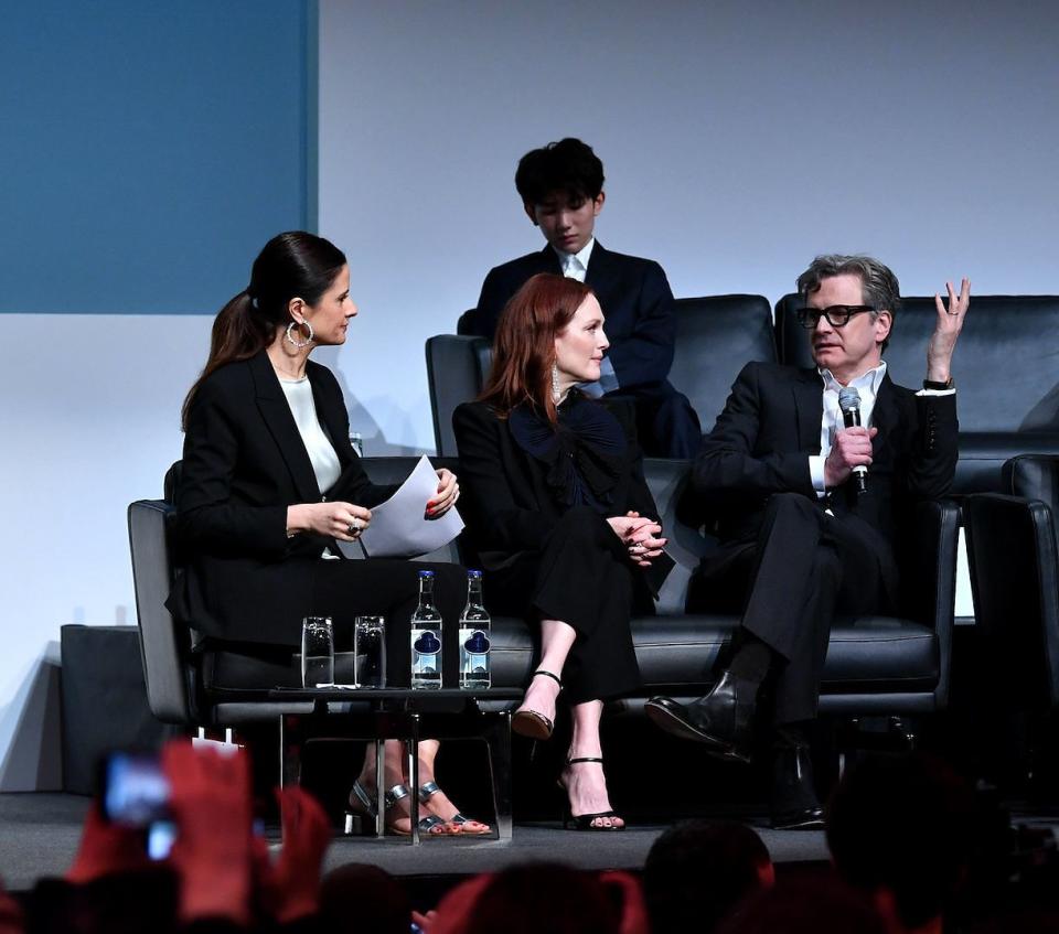 Livia Firth, Julianne Moore and Colin Firth during a Chopard Press Conference at Baselworld 2018 on March 22, 2018 in Basel, Switzerland.&nbsp; (Photo: Harold Cunningham via Getty Images)