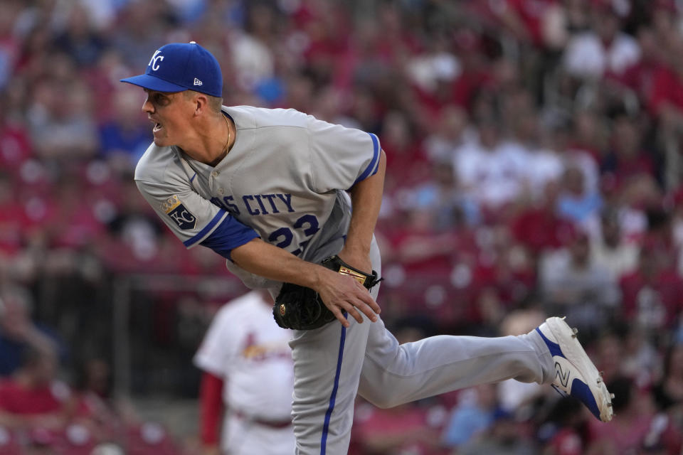 Kansas City Royals starting pitcher Zack Greinke throws during the first inning of a baseball game against the St. Louis Cardinals Tuesday, May 30, 2023, in St. Louis. (AP Photo/Jeff Roberson)