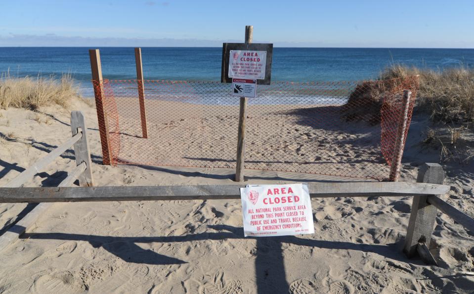 The entrance to Coast Guard Beach in Eastham was been blocked off due to erosion caused by Friday's rainstorm that swept across Cape Cod.