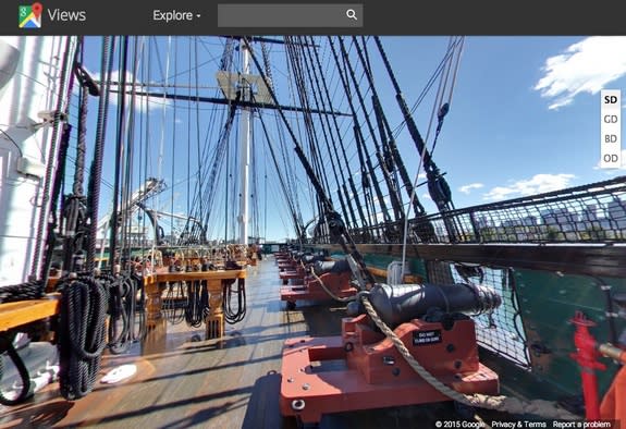 A screenshot of the USS Constitution pierside in Charlestown, Massachusetts, from Google Maps Street View. The naval ship is the latest landmark added to Google's Street View feature, and virtual visitors can explore both above- and below-decks