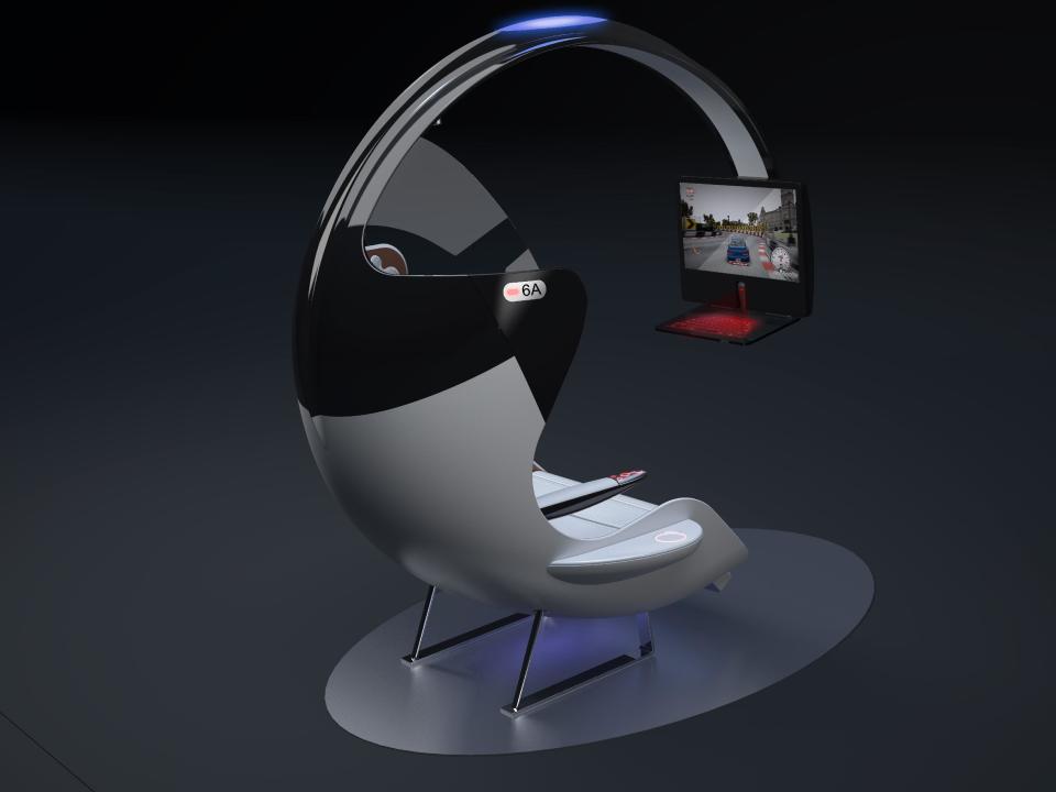 The Not for Wimps seat, with its Kevlar arm and gaming display, at Aircraft Interiors Expo