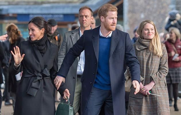 Seen here earlier this month in Wales with Meghan and Harry, Amy is used to dealing with the demands of royal life. Photo: Getty