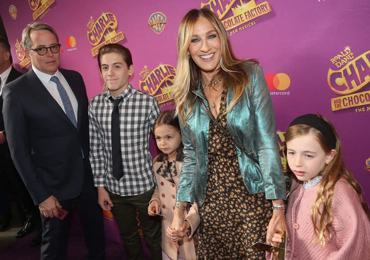 Matthew Broderick, James Wilkie Broderick, Tabitha Hodge Broderick, Sarah Jessica Parker and Marion Loretta Broderick pose at the opening night of the new musical 