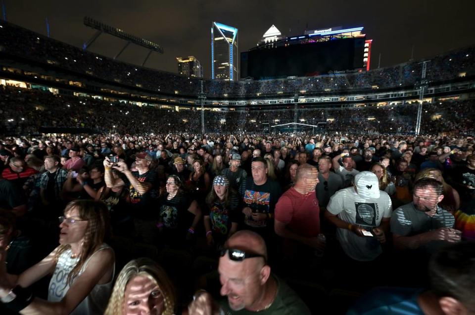 Fans cover the field at Bank of America Stadium in Charlotte, NC waiting for Def Leppard to begin their performance during The Stadium Tour 2022 on Tuesday, June 28, 202. Along with Def Leppard, the concert featured Classless Act, Joan Jett and The Blackhearts, Poison and Motley Crue.