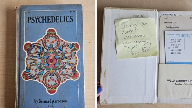 An worn copy of "Psychedelics" by Bernard Aaronson with an apology sticky note on the inside for a late return.