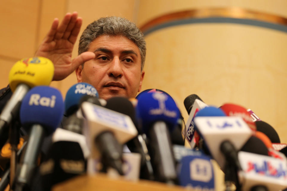 Egypt’s Civil Aviation Minister Sherif Fathy speaks at a news conference at the headquarters of ministry in Cairo, Egypt. (Reuters/Mohamed Abd El Ghany)