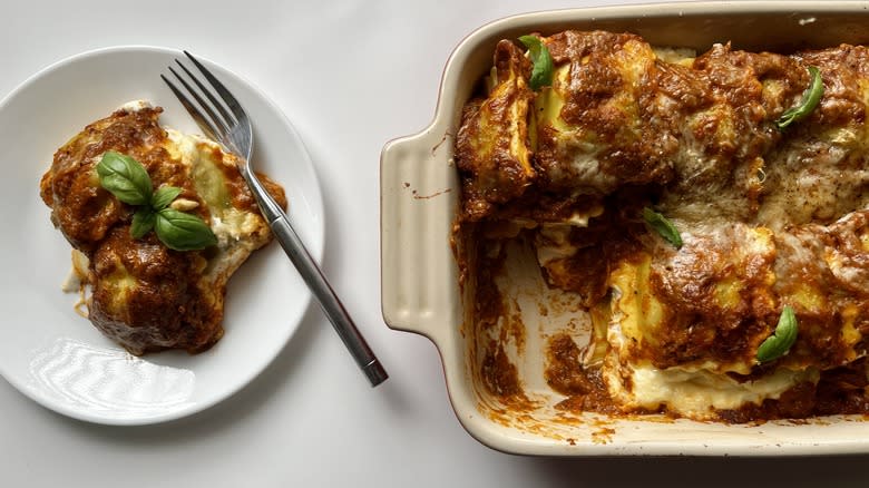 a plate with a serving of ravioli lasagna from the casserole