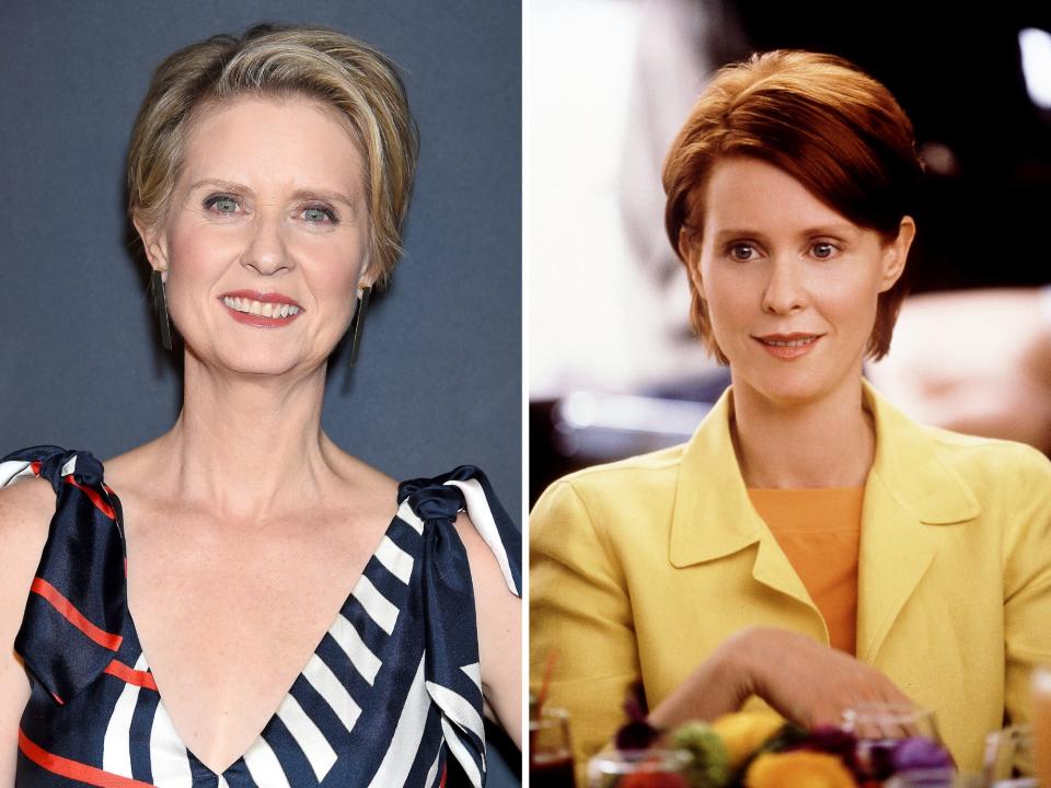 Cynthia Nixon in 2018 and 2000 on the set of "Sex and the City."