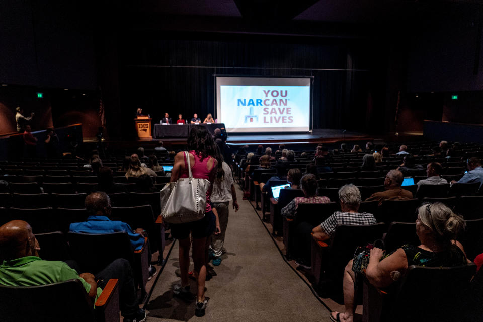 People attend a community forum discussing the fentanyl crisis, at Independence High School in Glendale on Sept. 27, 2022.
